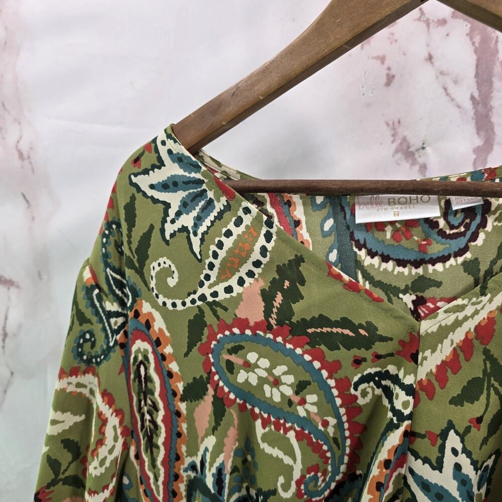 Belle By Kim Gravel Dress Womens 2X P Green Paisley Boho V Neck Balloon Sleeve - Picture 2 of 11